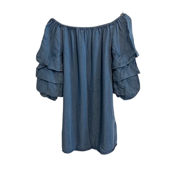 Zara Blue Chambray Off Shoulder Ruffle Sleeve Mini Dress - Picture 9 of 9